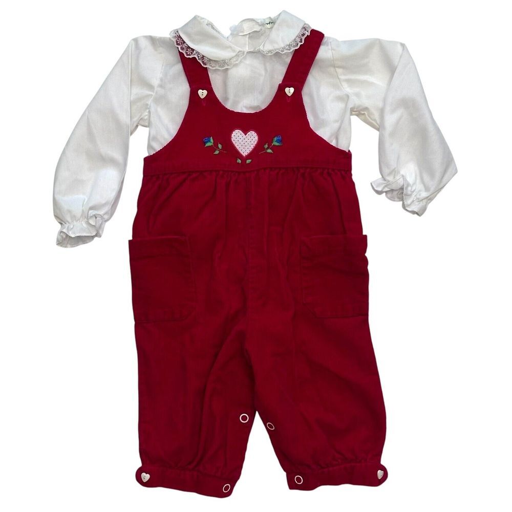 Vintage Tiny Tots Original Size 6-9 Months‎ Red Corduroy Outfit Overalls Shirt